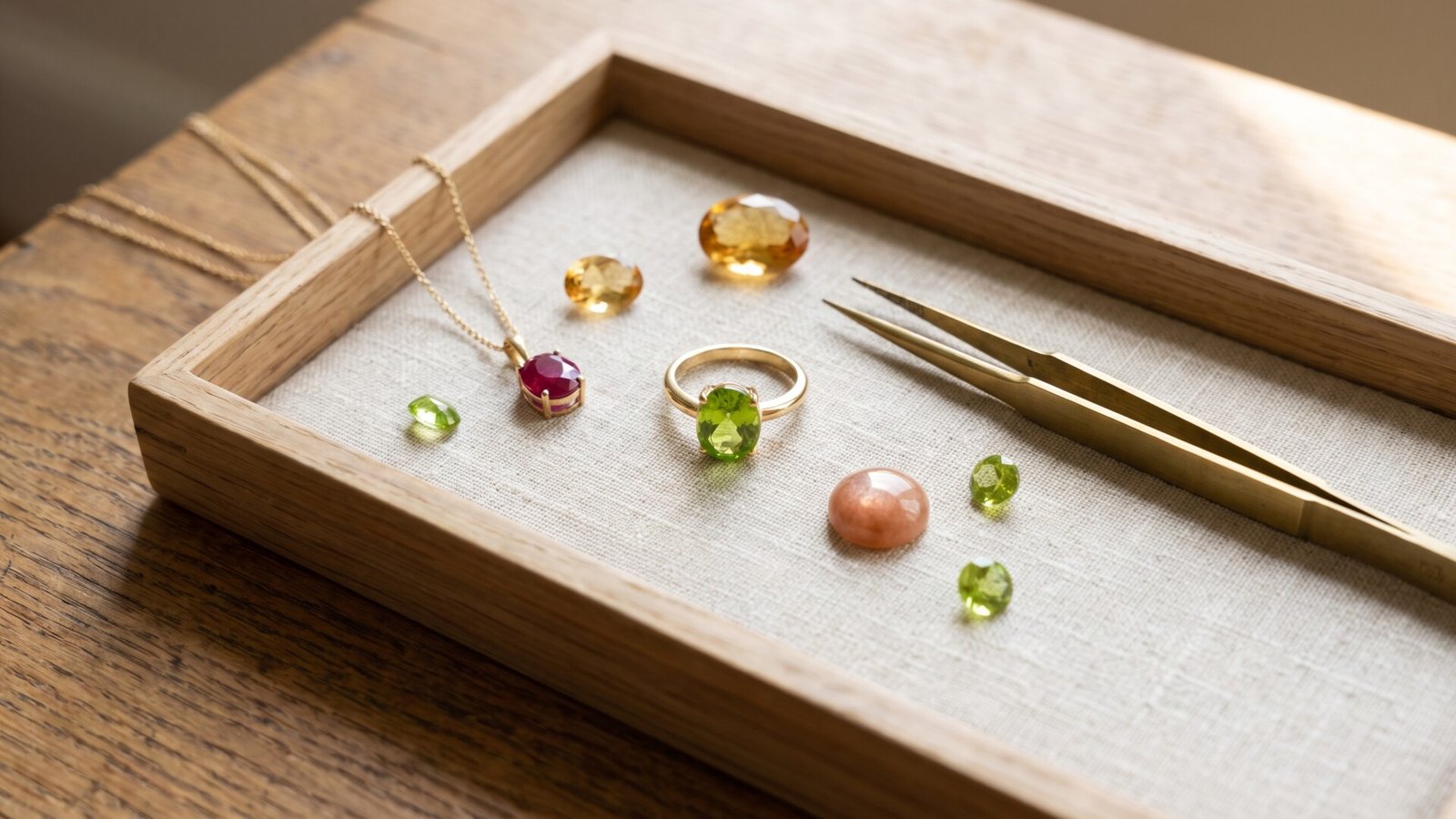 Peridot ring, ruby pendant, and loose solar gemstones displayed in a wooden tray with jeweler tweezers