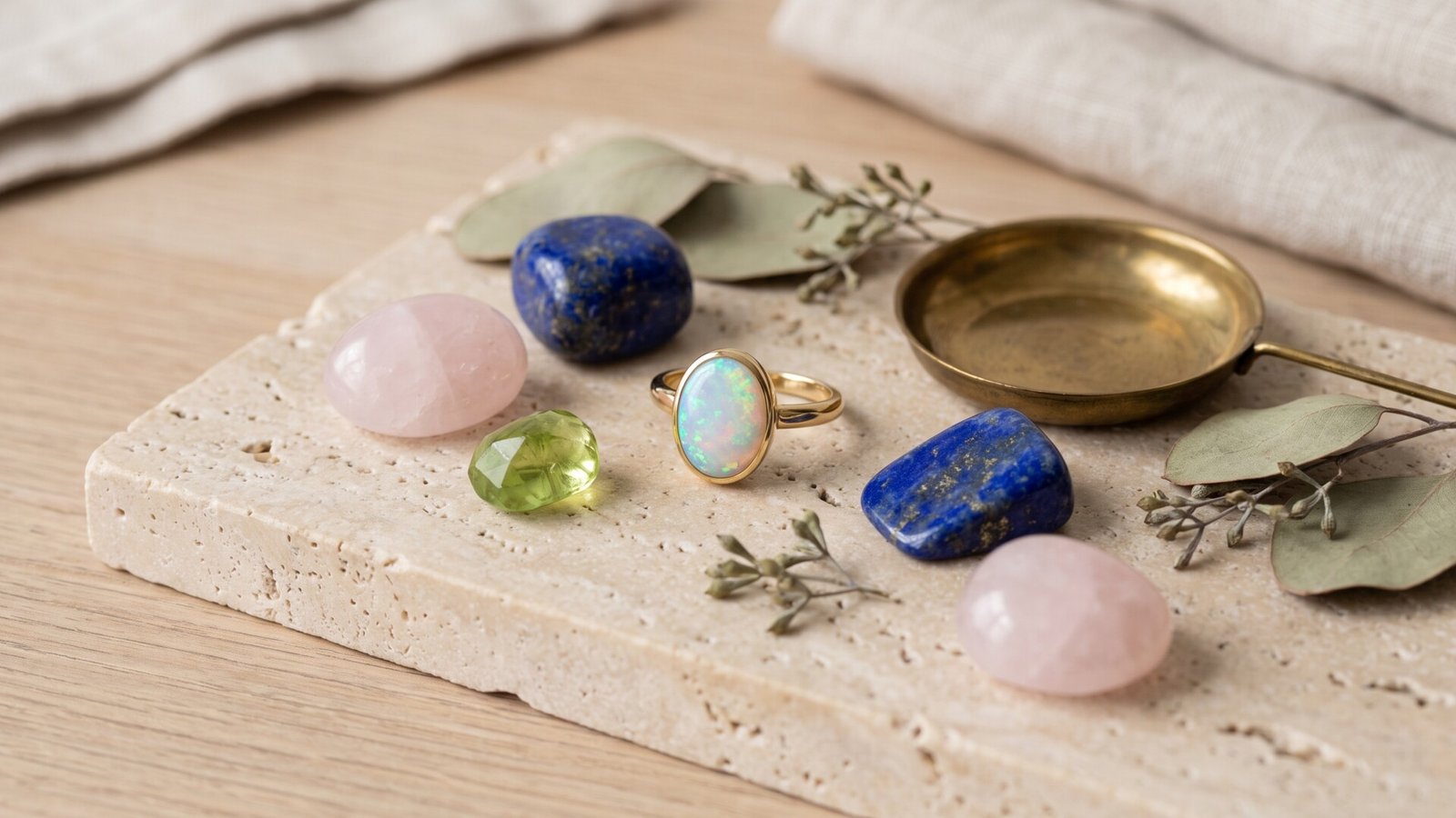 Gold opal ring surrounded by rose quartz, lapis lazuli, and peridot on a stone tray beside a small brass scale dish