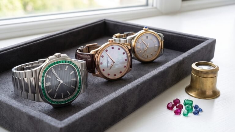 Three luxury watches accented with emeralds, rubies, and sapphires displayed beside loose gemstones and a loupe