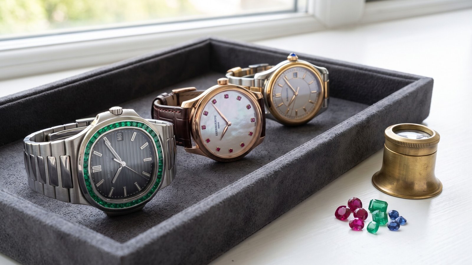 Three luxury watches accented with emeralds, rubies, and sapphires displayed beside loose gemstones and a loupe