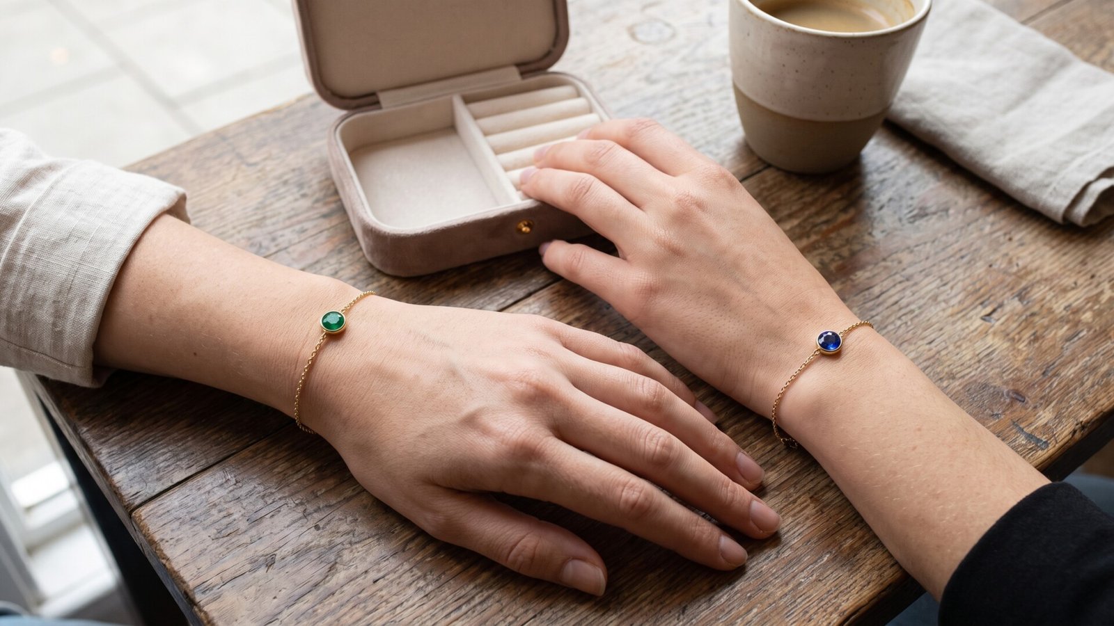 Two friends wearing complementary green and blue birthstone bracelets at a rustic cafe table