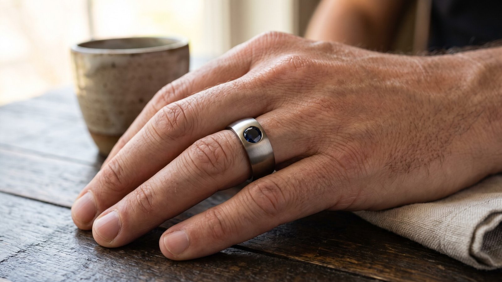 Man wearing a brushed metal wide band ring with a flush-set sapphire resting his hand on a rustic table