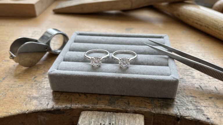 Two solitaire gemstone rings displayed side by side on a jeweler's workbench tray with tweezers and a loupe