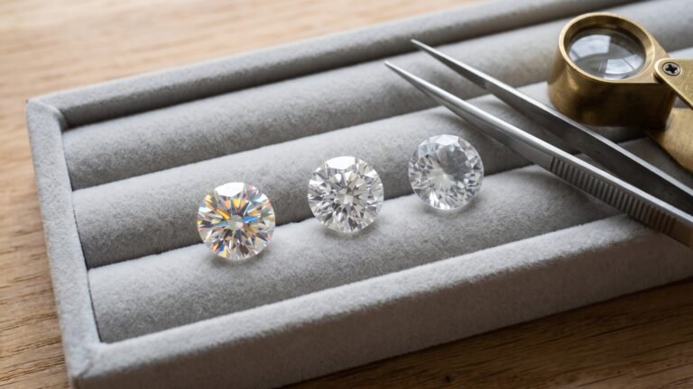 Three round cut gemstones resting in a velvet tray next to jeweler tweezers and a loupe