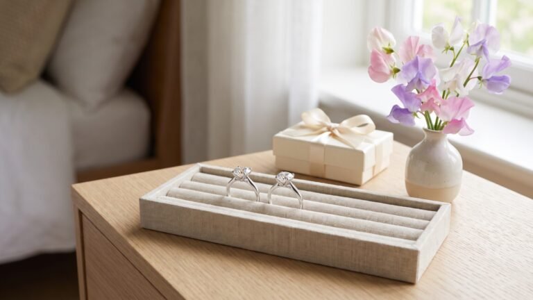 Two solitaire rings sitting in a fabric jewelry tray next to a gift box and fresh flowers on a wooden table