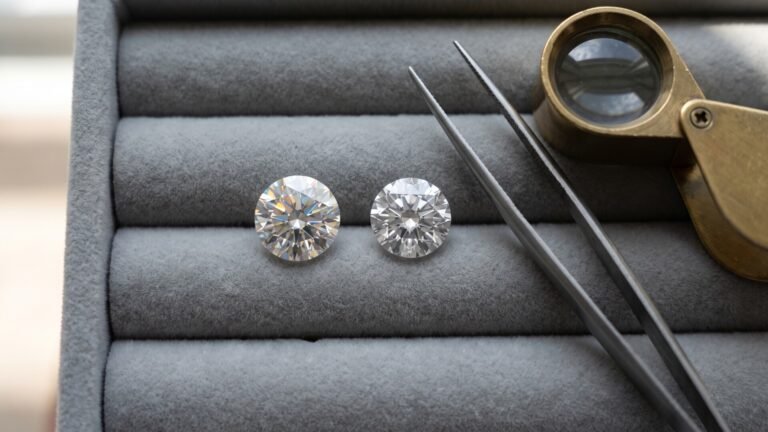 Round brilliant moissanite and white sapphire gemstones on a velvet tray beside tweezers and a jeweler's loupe