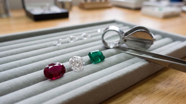 Faceted ruby, diamond, and emerald resting on a jeweler's velvet tray beside a loupe and tweezers