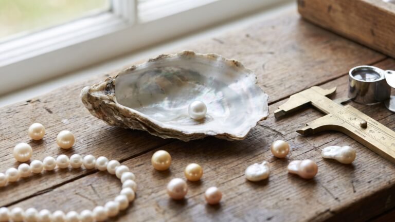 A lustrous pearl resting in an open oyster shell beside loose pearls and jeweler tools on a rustic wooden table