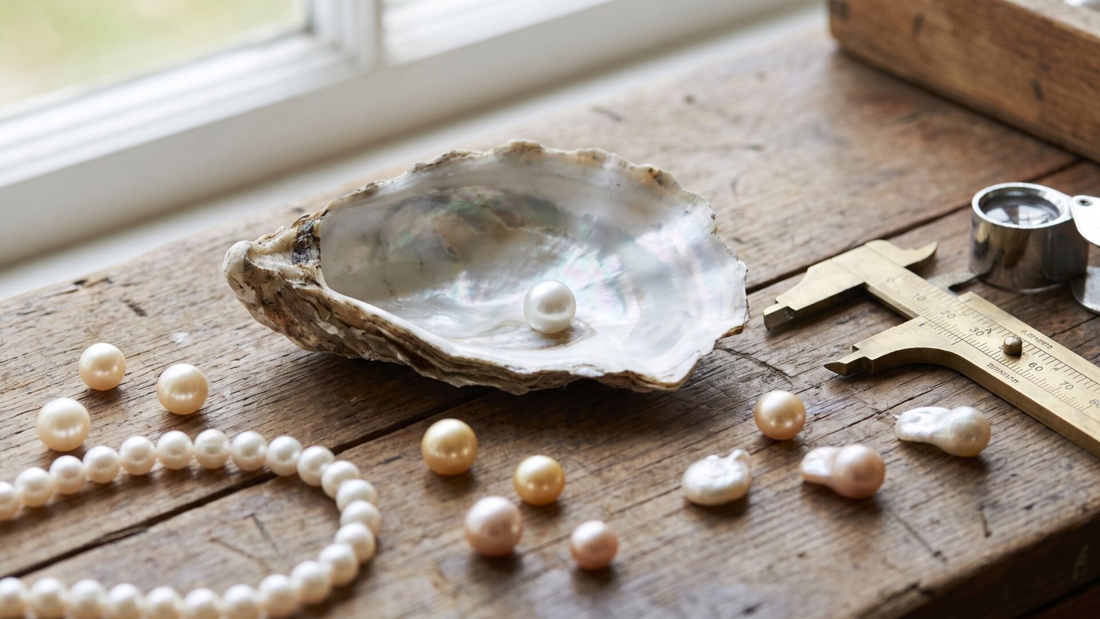 A lustrous pearl resting in an open oyster shell beside loose pearls and jeweler tools on a rustic wooden table