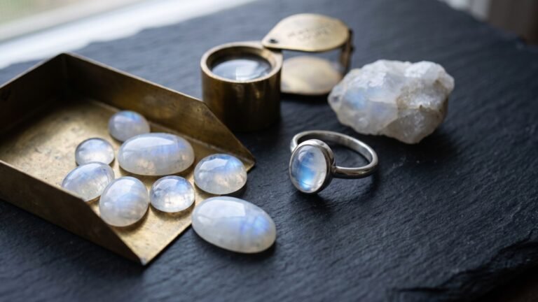 Polished moonstone cabochons, raw crystal, and a handcrafted silver ring displayed on dark slate with a brass loupe