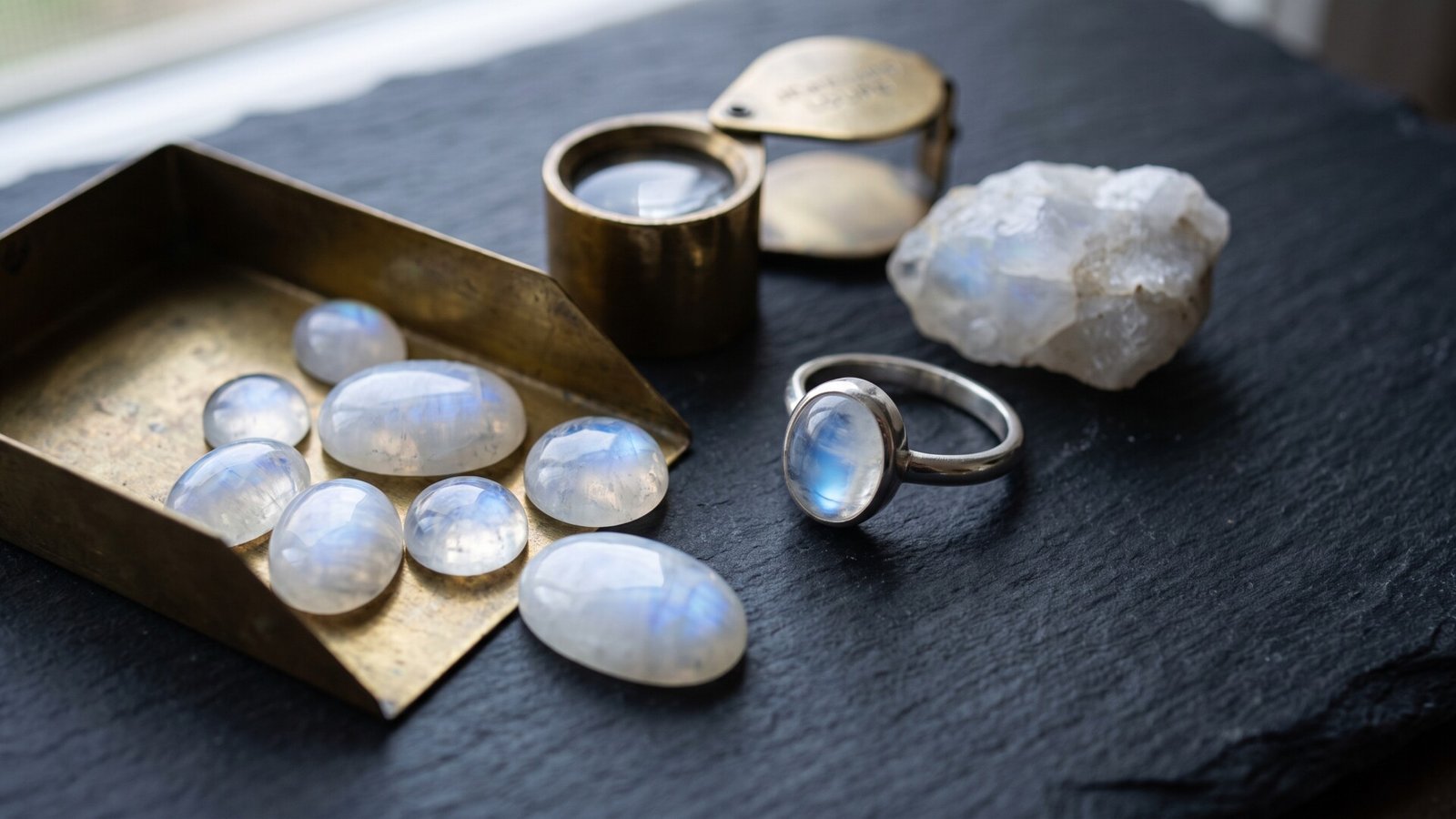 Polished moonstone cabochons, raw crystal, and a handcrafted silver ring displayed on dark slate with a brass loupe