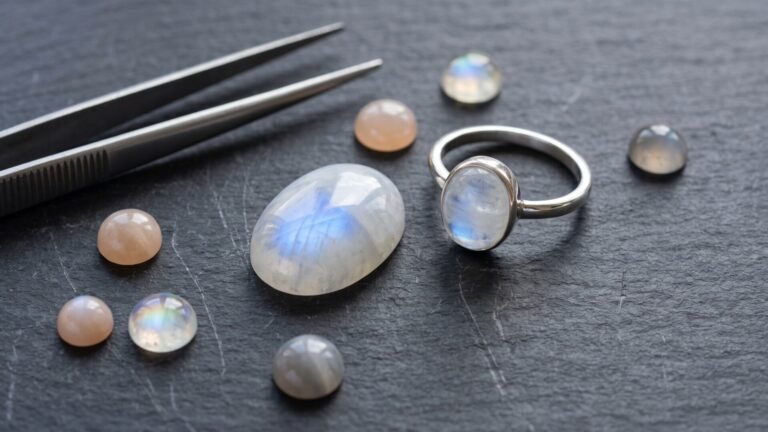 Polished moonstone cabochons showing blue adularescence with a silver moonstone ring and tweezers on slate