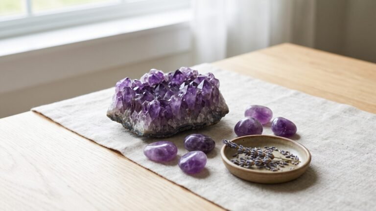 Purple amethyst crystal cluster and polished stones beside dried lavender on a linen runner