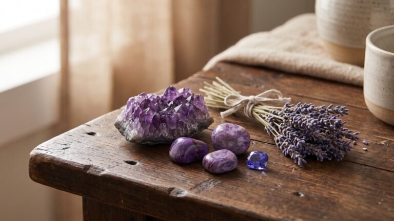 Amethyst cluster, polished purple stones, a faceted gem, and dried lavender on a rustic wooden table