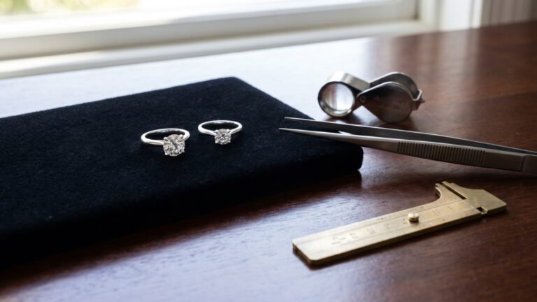 Two diamond solitaire rings placed on a black velvet jeweler's pad beside inspection tools