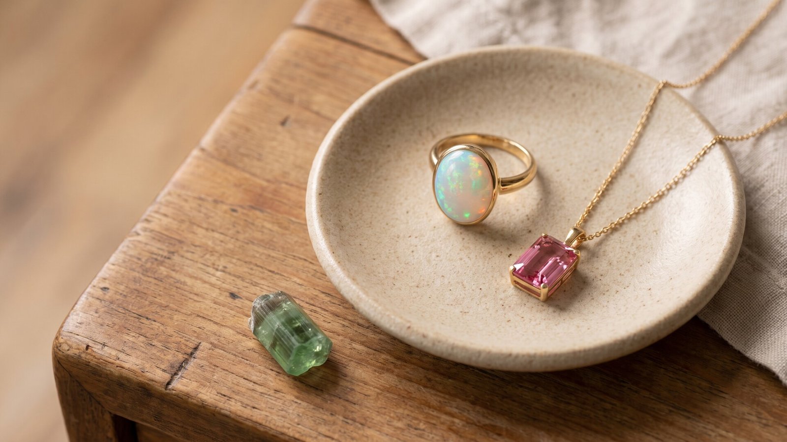 Gold opal cabochon ring and pink tourmaline pendant necklace resting in a ceramic dish beside a green tourmaline crystal