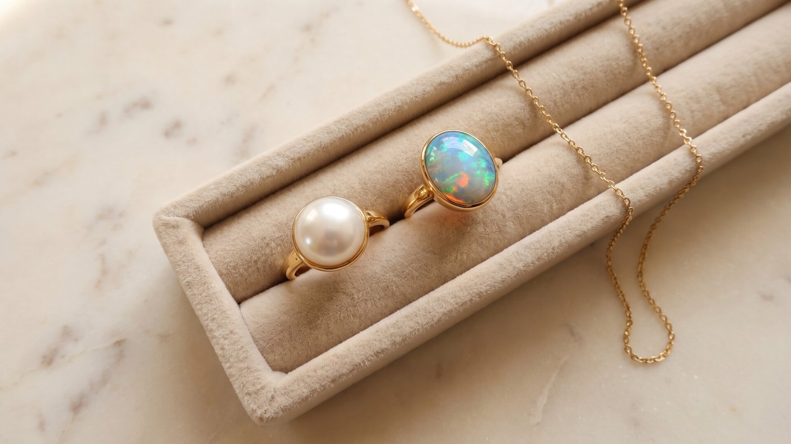 Gold rings set with a white pearl and a colorful iridescent opal resting in a beige velvet jewelry tray