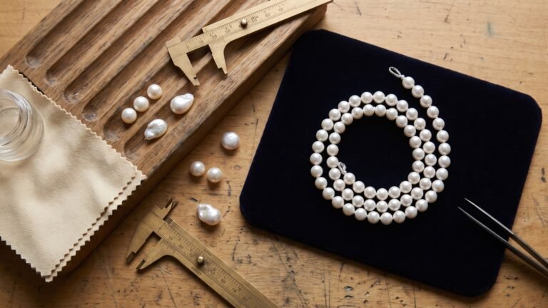 Hand-knotted white pearl necklace and loose baroque pearls on a jeweler's workbench with brass calipers