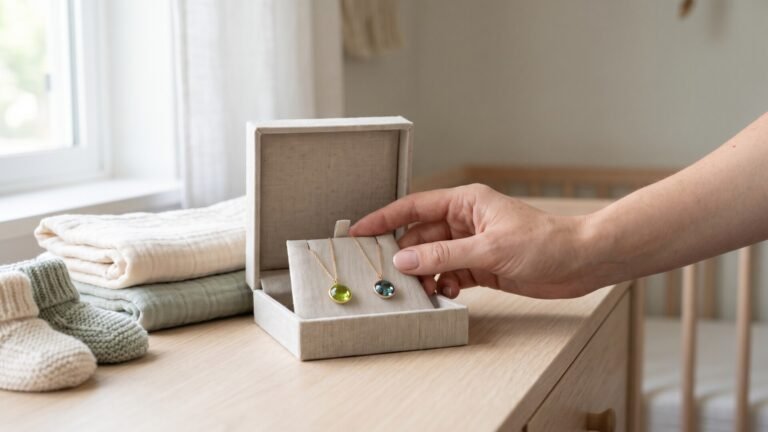 Peridot and alexandrite birthstone necklaces in a linen gift box beside folded baby blankets and booties