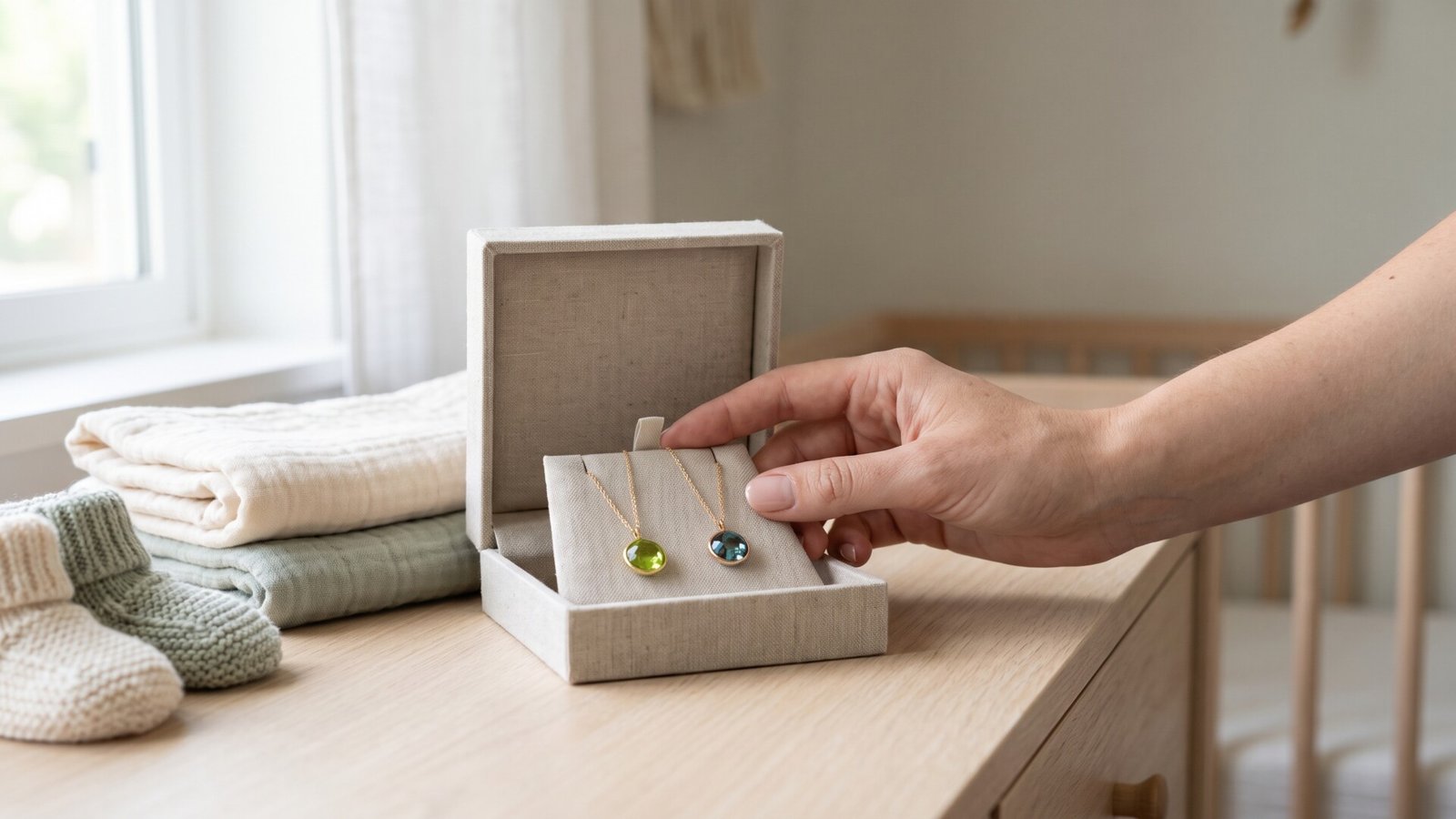Peridot and alexandrite birthstone necklaces in a linen gift box beside folded baby blankets and booties