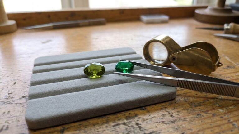 Faceted peridot and tsavorite garnet side by side on a jeweler tray with tweezers and a loupe