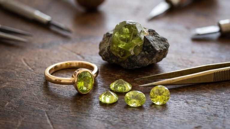 A gold peridot ring, faceted green gems, and raw peridot mineral on a wooden jeweler workbench