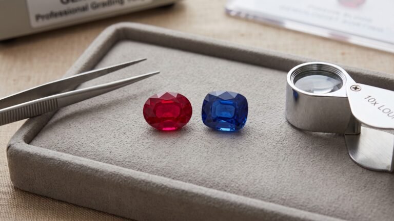 Oval pigeon blood ruby and cushion cut royal blue sapphire on a grey gem grading tray beside tweezers and a loupe