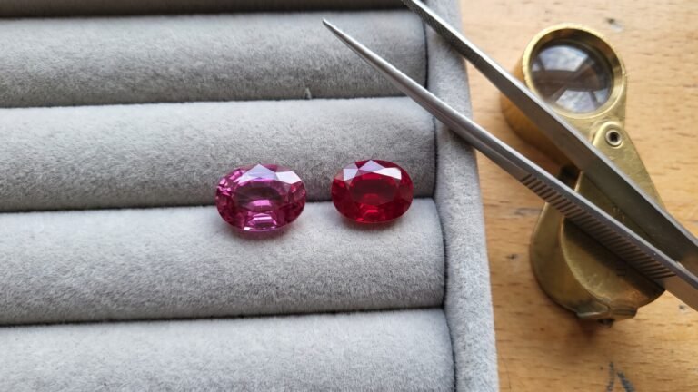 Faceted oval pink tourmaline and red ruby displayed side by side on a grey gem tray with tweezers and a loupe
