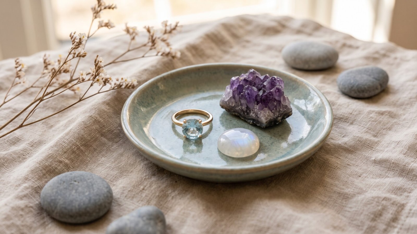 Aquamarine ring, raw amethyst cluster, and polished moonstone on a ceramic plate with river stones