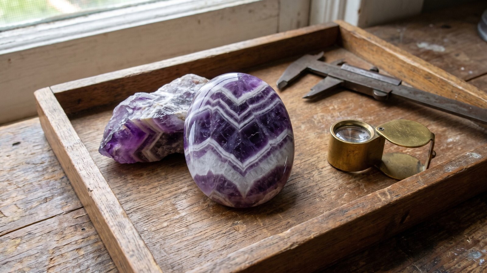 Polished oval chevron amethyst displaying distinct purple and white V-shaped quartz bands in a wooden tray