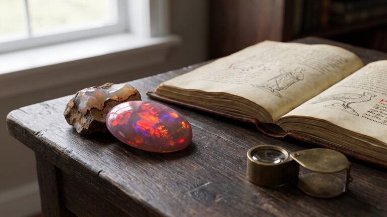 Polished fire opal with glowing red play-of-color beside a raw specimen and antique book on a dark wood desk