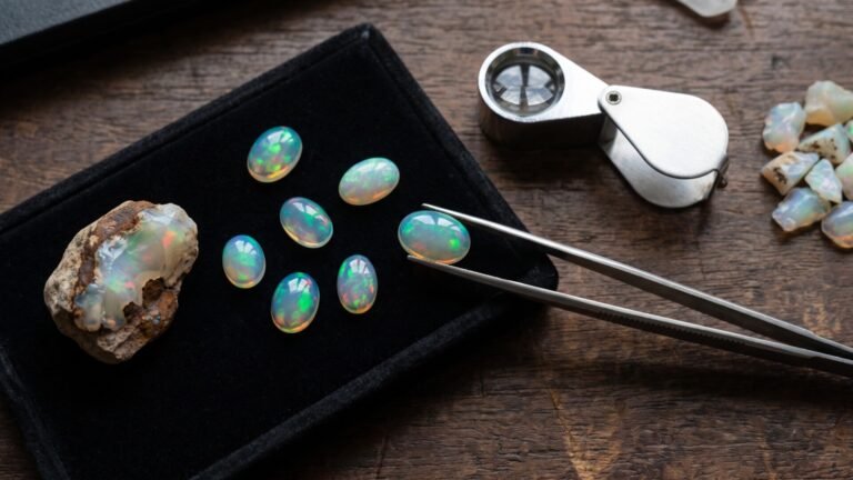 Polished opal cabochons on black velvet next to rough specimens, tweezers, and a jeweler's loupe