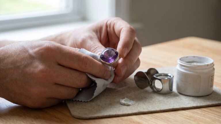 Hands cleaning a scratched purple amethyst ring with a soft cloth beside polishing compound and a jeweler's loupe