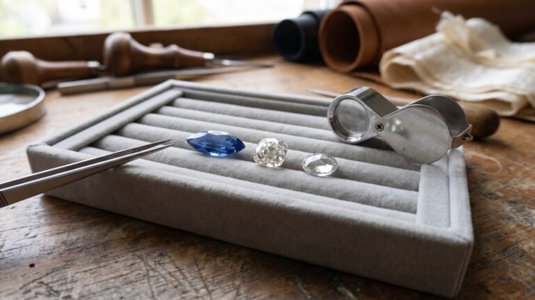 Loose marquise, old mine, and rose cut gemstones displayed in a velvet tray alongside a jeweler loupe and tweezers