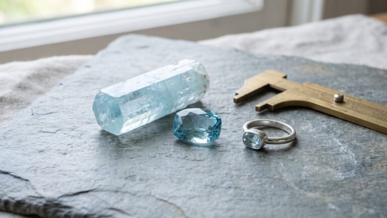 Raw aquamarine crystal prism, faceted loose stone, ring, and brass calipers on a slate slab