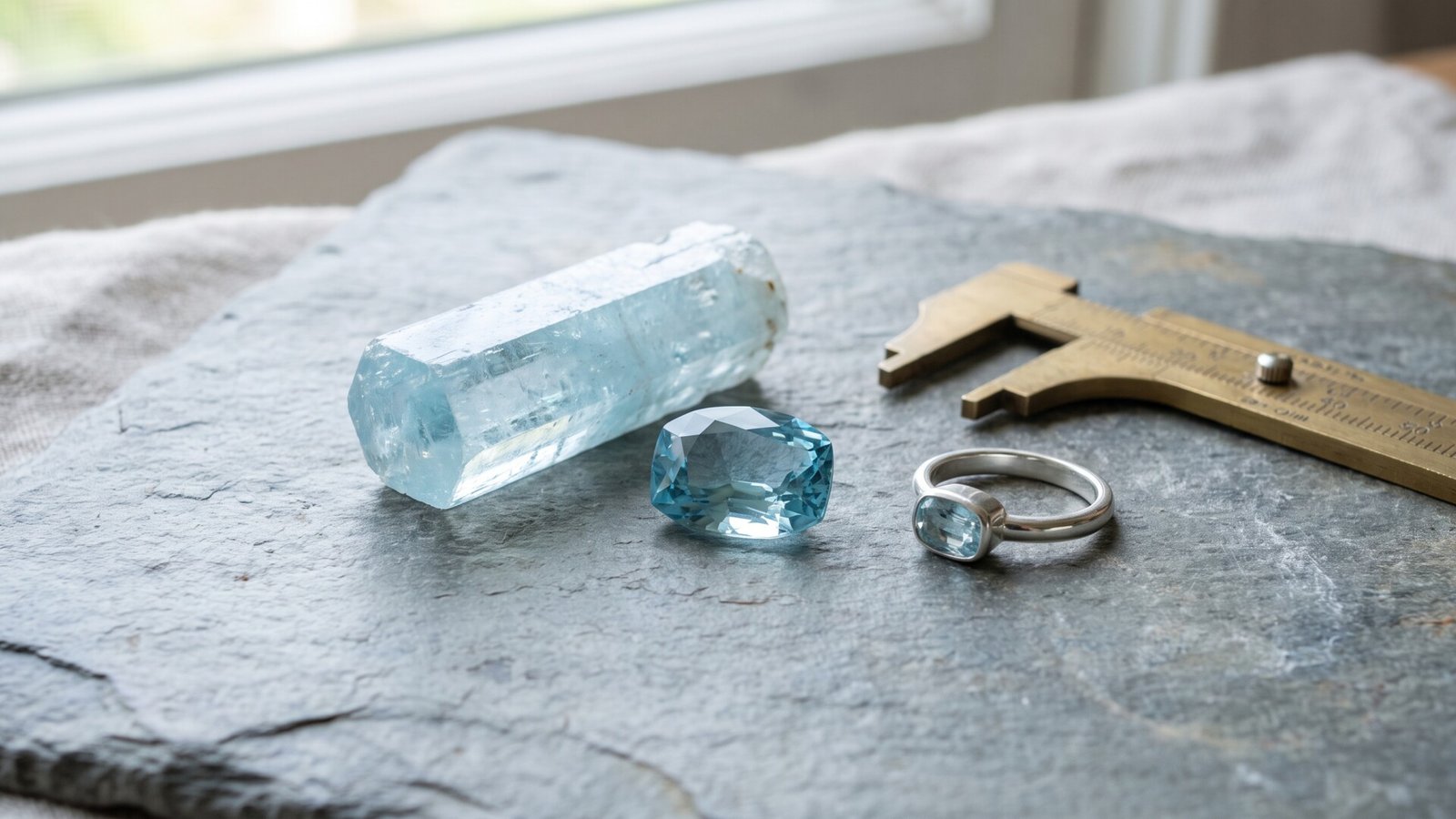 Raw aquamarine crystal prism, faceted loose stone, ring, and brass calipers on a slate slab