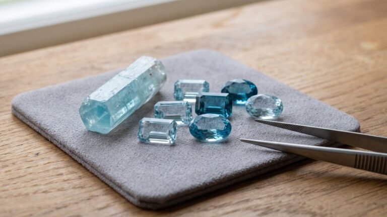 A raw hexagonal beryl crystal and various faceted cut aquamarine gemstones on a jeweler inspection pad with tweezers