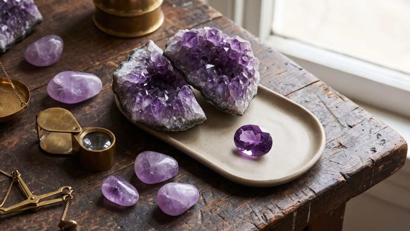 Raw amethyst geode halves, tumbled stones, and a faceted gem alongside a jeweler's loupe on a rustic wooden table