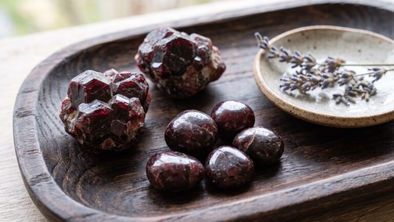 Raw and tumbled deep red garnet crystals arranged on a dark wooden tray with dried lavender sprigs