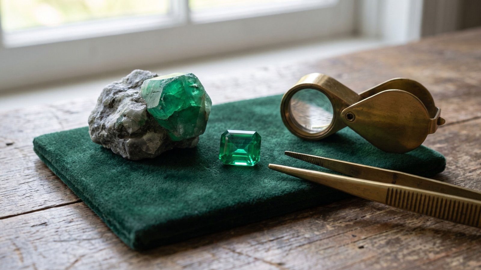 Faceted emerald gem and rough emerald in rock matrix on a jeweler pad beside brass tweezers and loupe