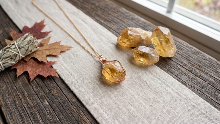 Wire-wrapped yellow topaz pendant necklace on linen runner beside rough golden crystals and autumn leaves
