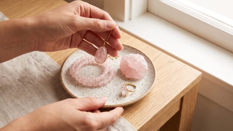Hands holding a rose quartz pendant over a tray with a beaded bracelet, raw stone, and gold ring