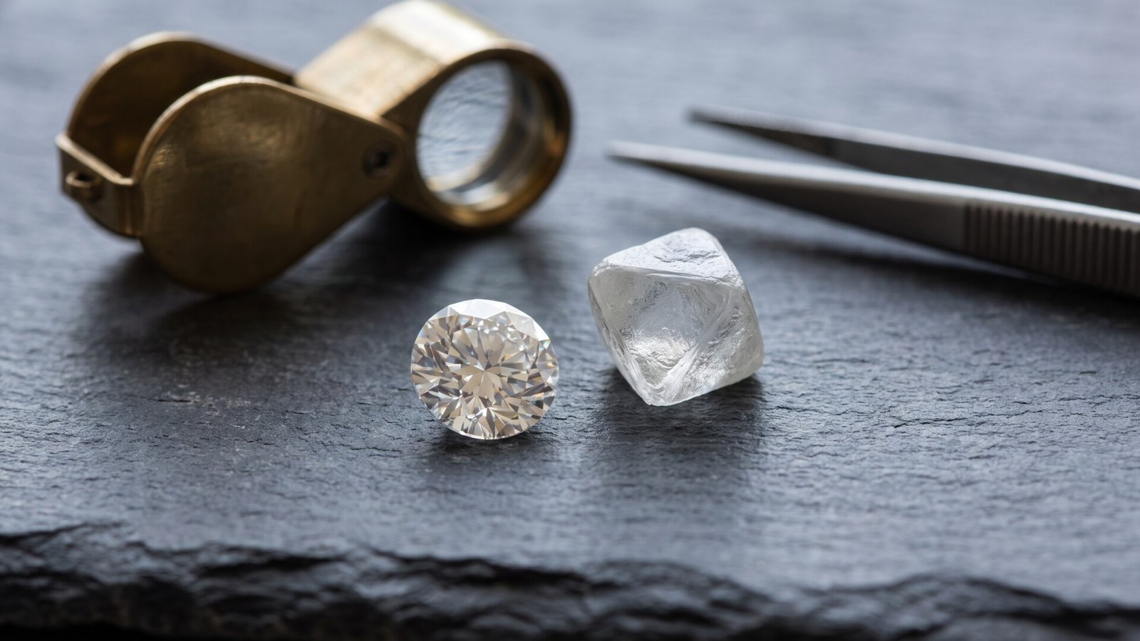 Faceted brilliant cut diamond beside an uncut rough diamond crystal on a slate jeweler's tray
