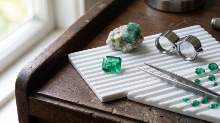 Faceted and rough emerald gemstones arranged on a white grading tray with a loupe and tweezers