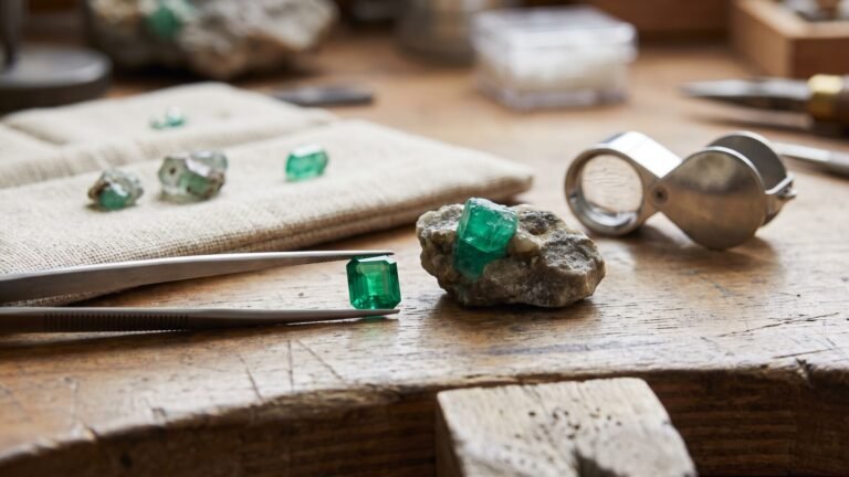 Faceted green emerald held in tweezers next to a raw emerald crystal and loupe on an artisan workbench