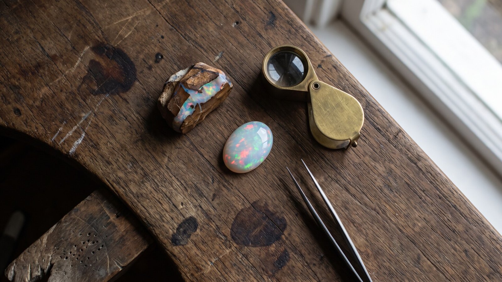 Rough matrix opal and polished cabochon on a wooden jeweler's bench with a loupe and tweezers