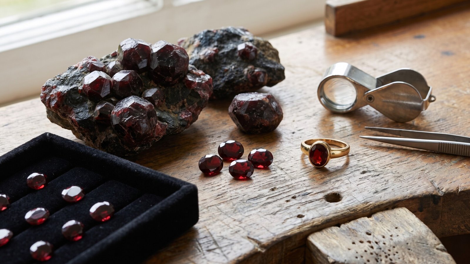Rough garnet crystal cluster, loose faceted gems, and a gold ring on a jeweler's wooden workbench