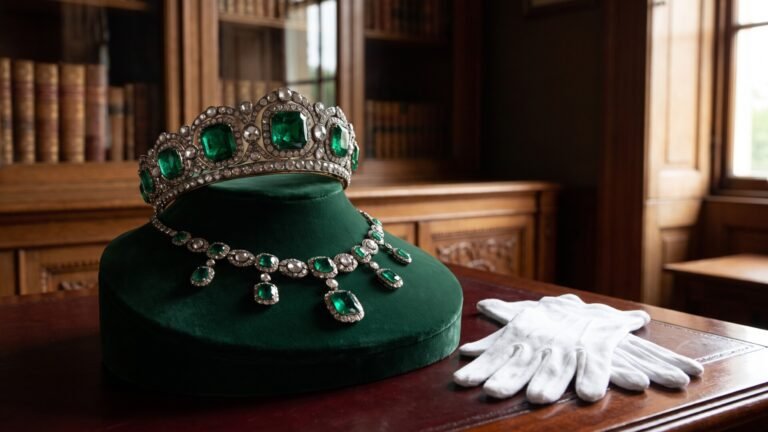 Antique royal emerald and diamond tiara and necklace set on a velvet display stand beside white archival gloves