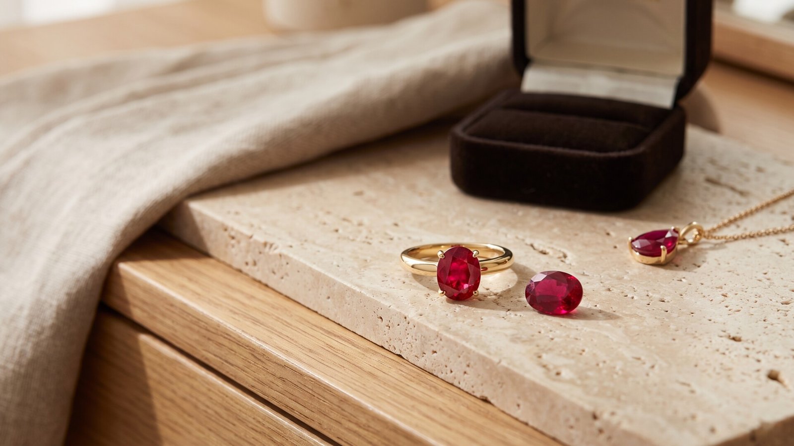 Gold ruby ring, loose faceted red gemstone, and ruby pendant necklace displayed on a stone tray