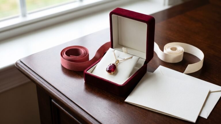 Faceted red ruby pendant necklace displayed in a velvet gift box beside a note card and ribbons